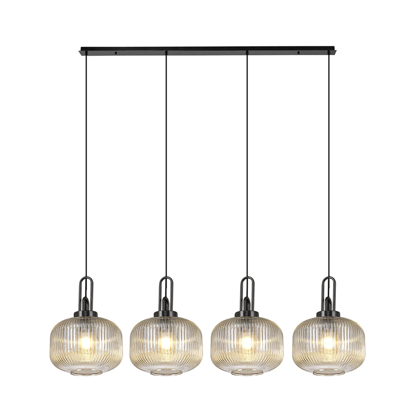 Photograph: Idolite Camille Linear Pendant, 4 x E27, Black Chrome/Matt Black With 30cm Pumpkin Shaped Ribbed Champagne Glass