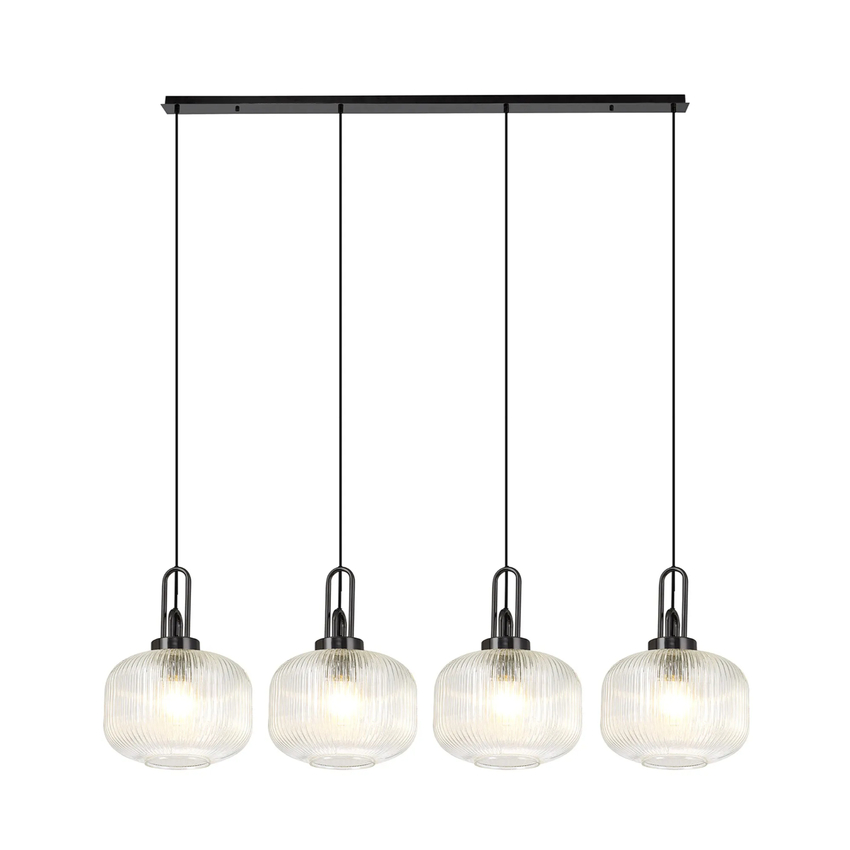 Photograph: Idolite Camille Linear Pendant, 4 x E27, Black Chrome/Matt Black With 30cm Pumpkin Shaped Ribbed Clear Glass
