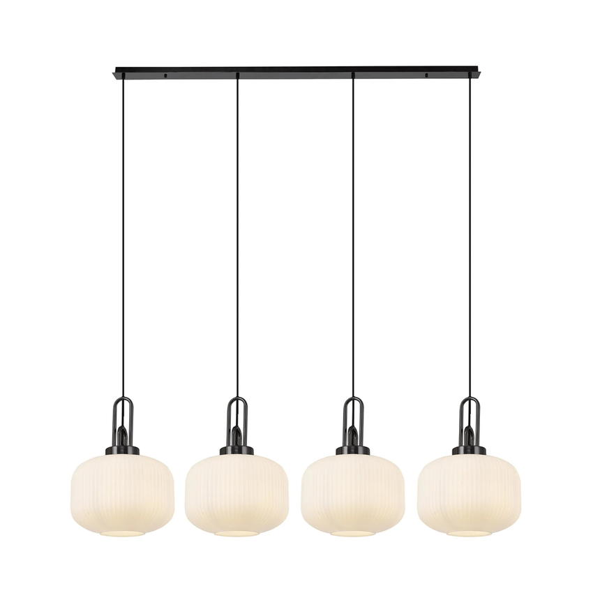 Photograph: Idolite Camille Linear Pendant, 4 x E27, Black Chrome/Matt Black With 30cm Pumpkin Shaped Ribbed Opal Glass