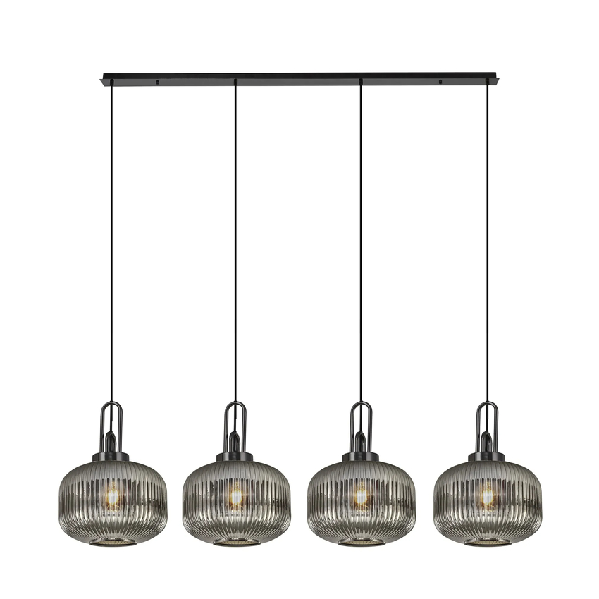 Photograph: Idolite Camille Linear Pendant, 4 x E27, Black Chrome/Matt Black With 30cm Pumpkin Shaped Ribbed Smoked Glass