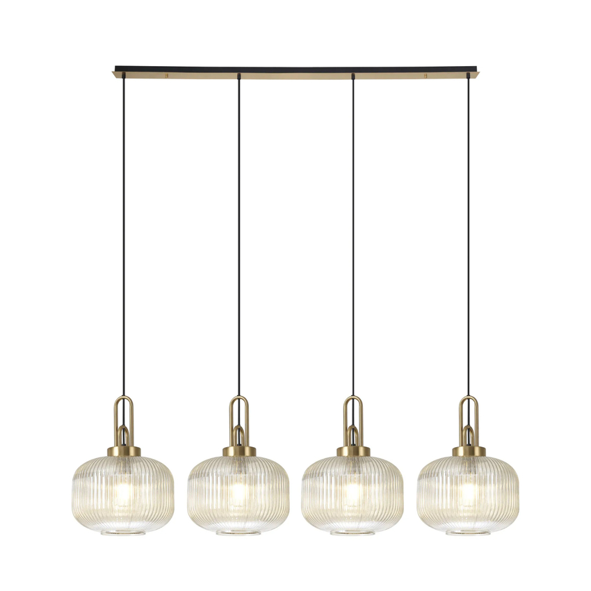 Photograph: Idolite Camille Linear Pendant, 4 x E27, Brass Gold/Matt Black With 30cm Pumpkin Shaped Ribbed Champagne Glass