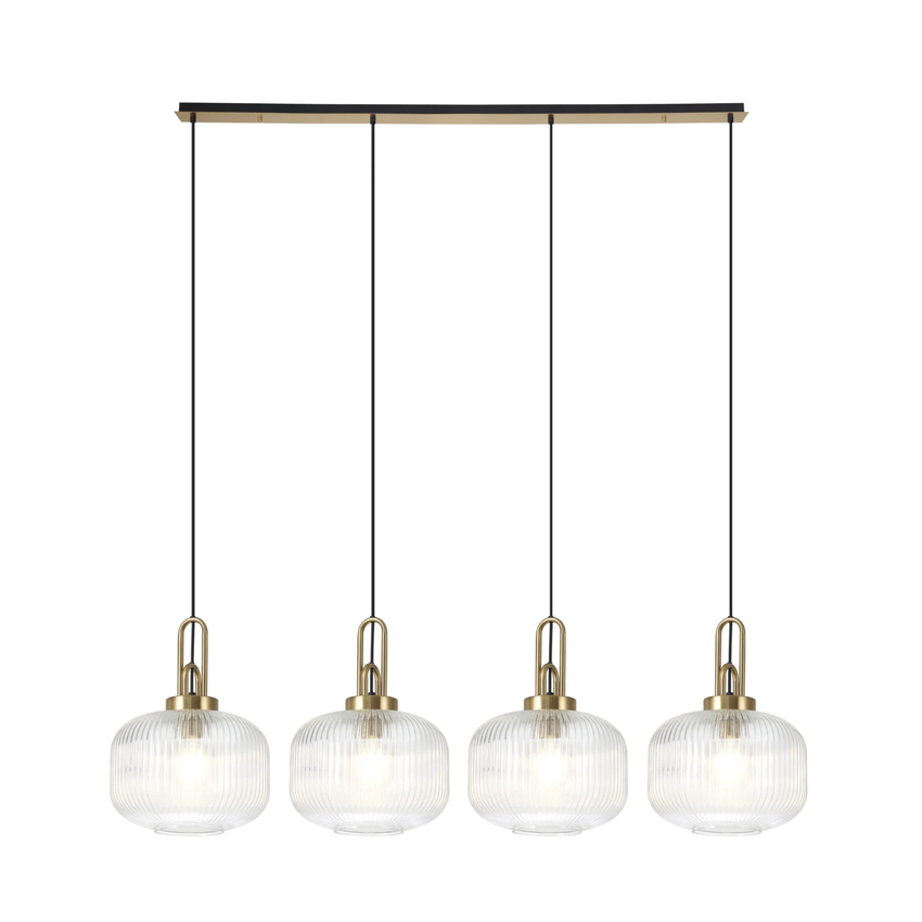 Photograph: Idolite Camille Linear Pendant, 4 x E27, Brass Gold/Matt Black With 30cm Pumpkin Shaped Ribbed Clear Glass