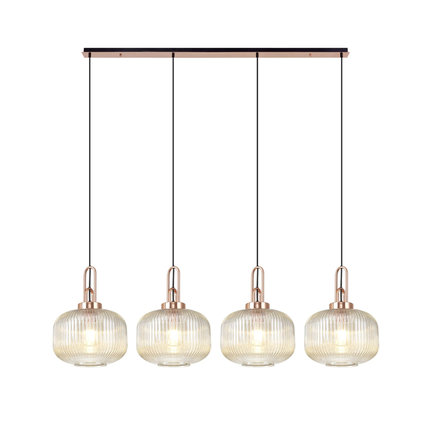 Photograph: Idolite Camille Linear Pendant, 4 x E27, Copper/Matt Black With 30cm Pumpkin Shaped Ribbed Champagne Glass