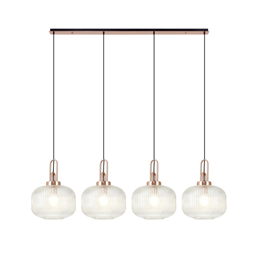 Photograph: Idolite Camille Linear Pendant, 4 x E27, Copper/Matt Black With 30cm Pumpkin Shaped Ribbed Clear Glass