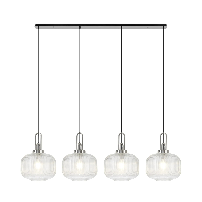 Photograph: Idolite Camille Linear Pendant, 4 x E27, Polished Nickel/Matt Black With 30cm Pumpkin Shaped Ribbed Clear Glass
