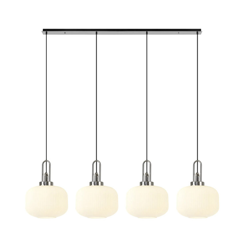 Photograph: Idolite Camille Linear Pendant, 4 x E27, Polished Nickel/Matt Black With 30cm Pumpkin Shaped Ribbed Opal Glass