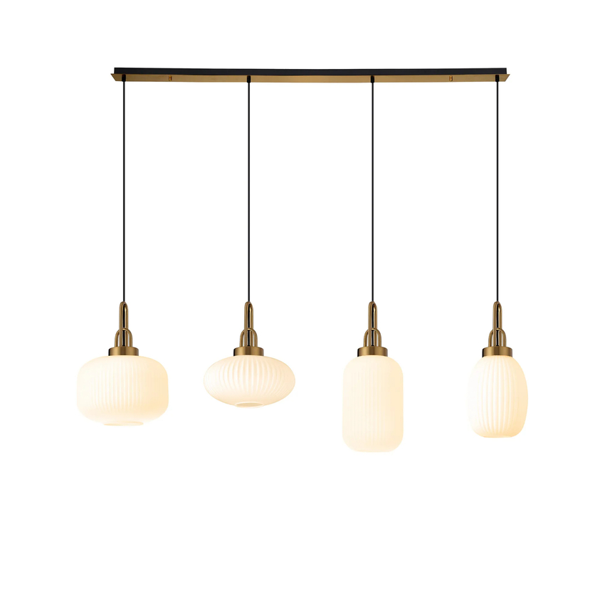 Photograph: Idolite Camille Linear Pendant 4 x E27 With Various Glasses, Brass Gold/Opal/Matt Black
