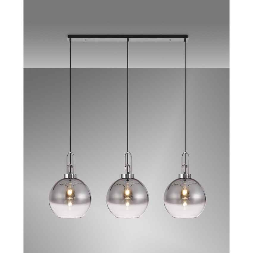 Photograph: Idolite Camille Polished Nickel 3 Light Linear Bar Pendant With Smoked/Clear Ombre Glass Globes