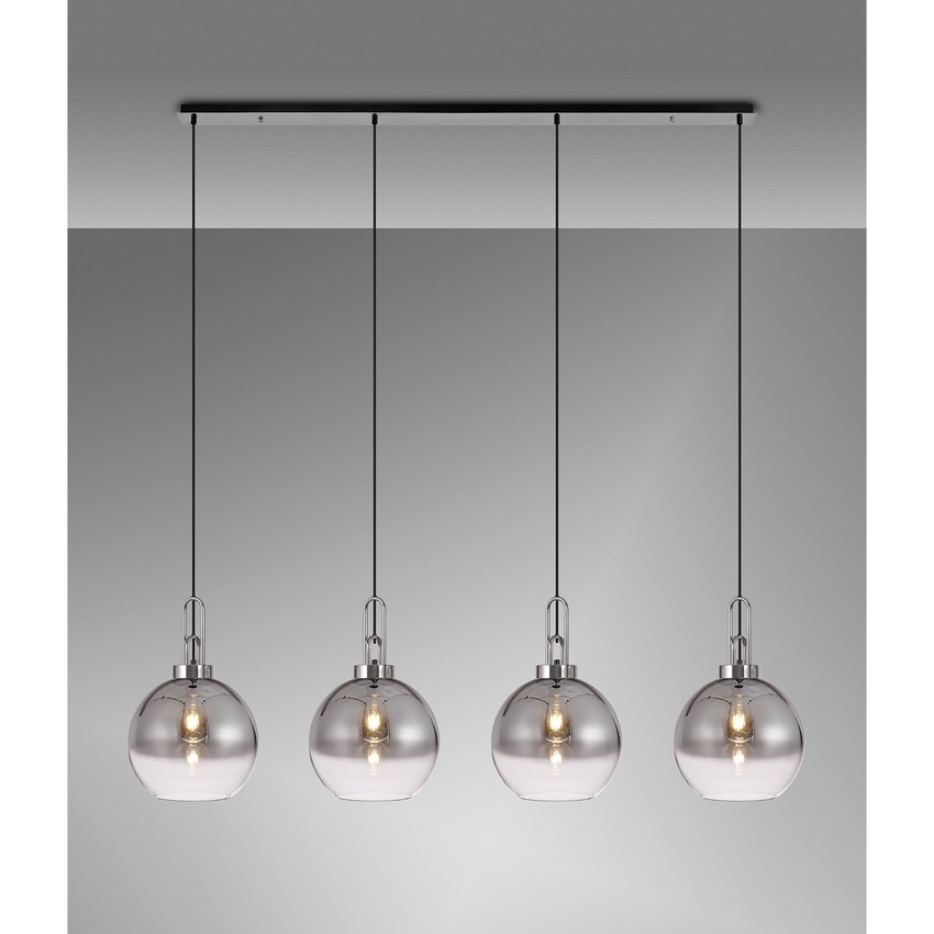 Photograph: Idolite Camille Polished Nickel 4 Light Linear Bar Pendant With Smoked/Clear Ombre Glass Globes