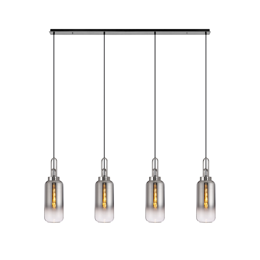 Photograph: Idolite Camille Polished Nickel 4 Light Linear Bar Pendant With Smoked/Clear Ombre Glasses