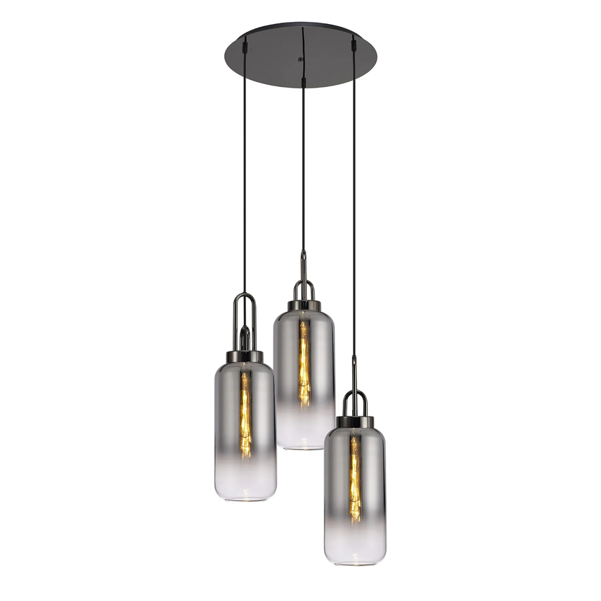 Photograph: Idolite Camille Round 3 Light Pendant With 16cm Cylinder Glass, Black Chrome/Matt Black Smoked/Clear