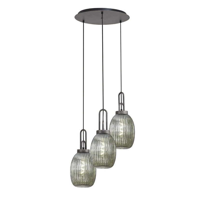 Photograph: Idolite Camille Round 3 Light Pendant With 20cm Almond Ribbed Glass, Aged Pewter/Matt Black Smoked
