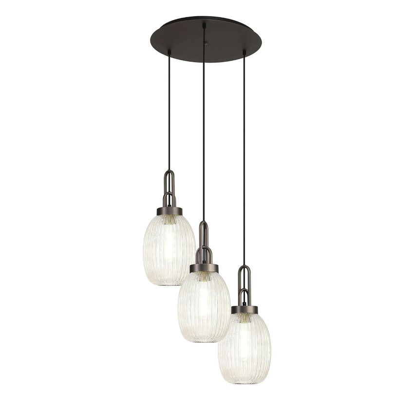Photograph: Idolite Camille Round 3 Light Pendant With 20cm Almond Ribbed Glass, Antique Silver/Matt Black Champagne