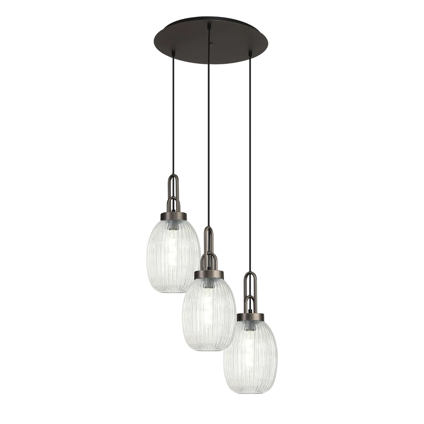 Photograph: Idolite Camille Round 3 Light Pendant With 20cm Almond Ribbed Glass, Antique Silver/Matt Black Clear