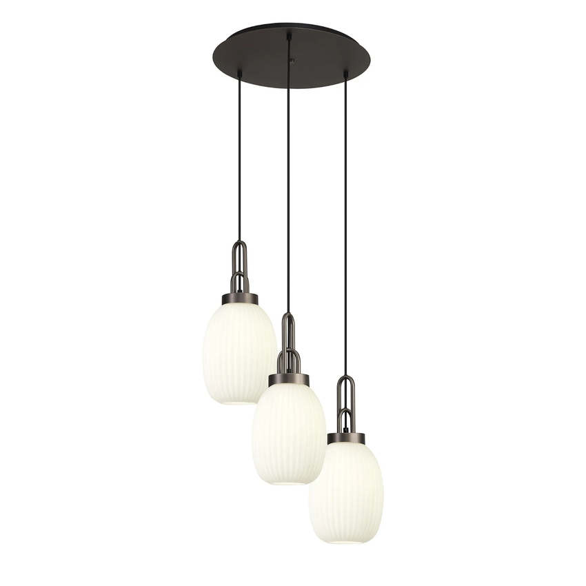 Photograph: Idolite Camille Round 3 Light Pendant With 20cm Almond Ribbed Glass, Antique Silver/Matt Black Opal