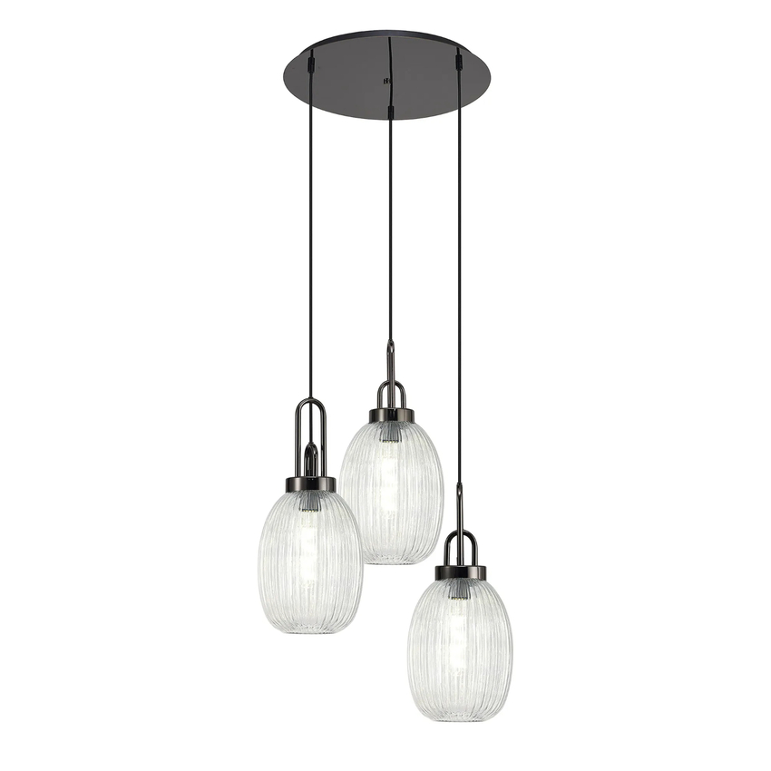 Photograph: Idolite Camille Round 3 Light Pendant With 20cm Almond Ribbed Glass, Black Chrome/Matt Black Clear