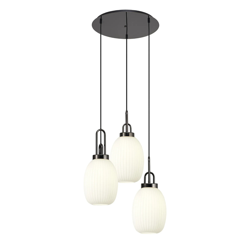 Photograph: Idolite Camille Round 3 Light Pendant With 20cm Almond Ribbed Glass, Black Chrome/Matt Black Opal