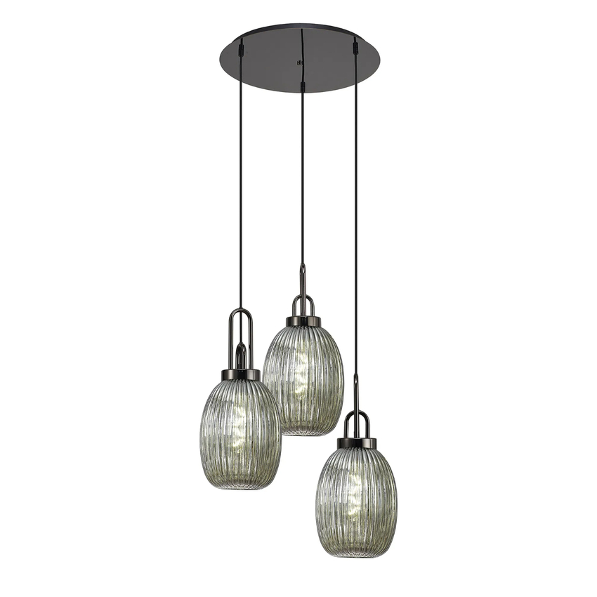 Photograph: Idolite Camille Round 3 Light Pendant With 20cm Almond Ribbed Glass, Black Chrome/Matt Black Smoked