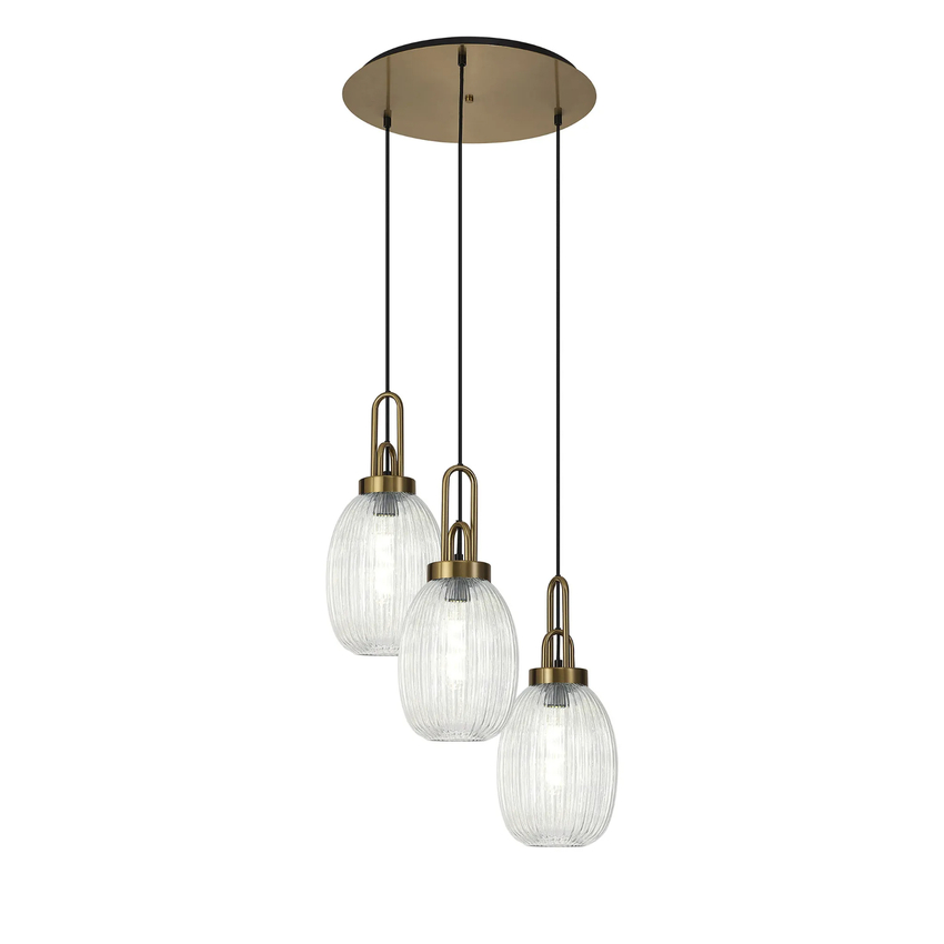 Photograph: Idolite Camille Round 3 Light Pendant With 20cm Almond Ribbed Glass, Brass Gold/Matt Black Clear