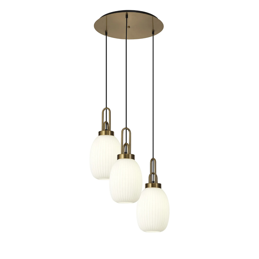 Photograph: Idolite Camille Round 3 Light Pendant With 20cm Almond Ribbed Glass, Brass Gold/Matt Black Opal