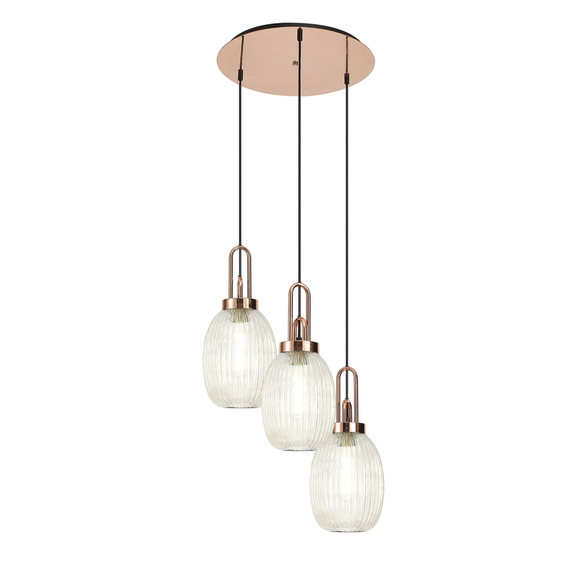 Photograph: Idolite Camille Round 3 Light Pendant With 20cm Almond Ribbed Glass, Copper/Matt Black Champagne