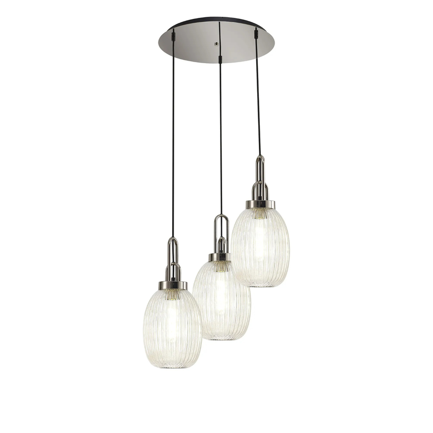 Photograph: Idolite Camille Round 3 Light Pendant With 20cm Almond Ribbed Glass, Polished Nickel/Matt Black Champagne