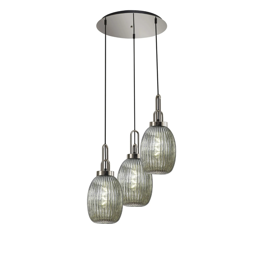 Photograph: Idolite Camille Round 3 Light Pendant With 20cm Almond Ribbed Glass, Polished Nickel/Matt Black Smoked