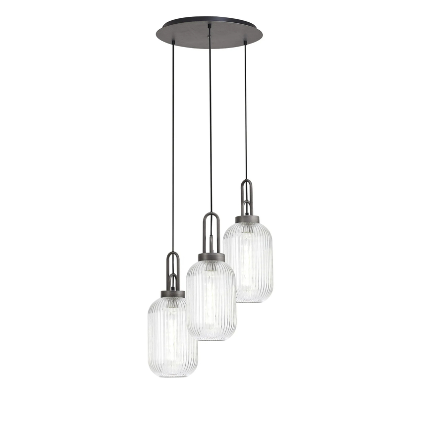 Photograph: Idolite Camille Round 3 Light Pendant With 20cm Tubular Ribbed Glass, Aged Pewter/Matt Black Clear