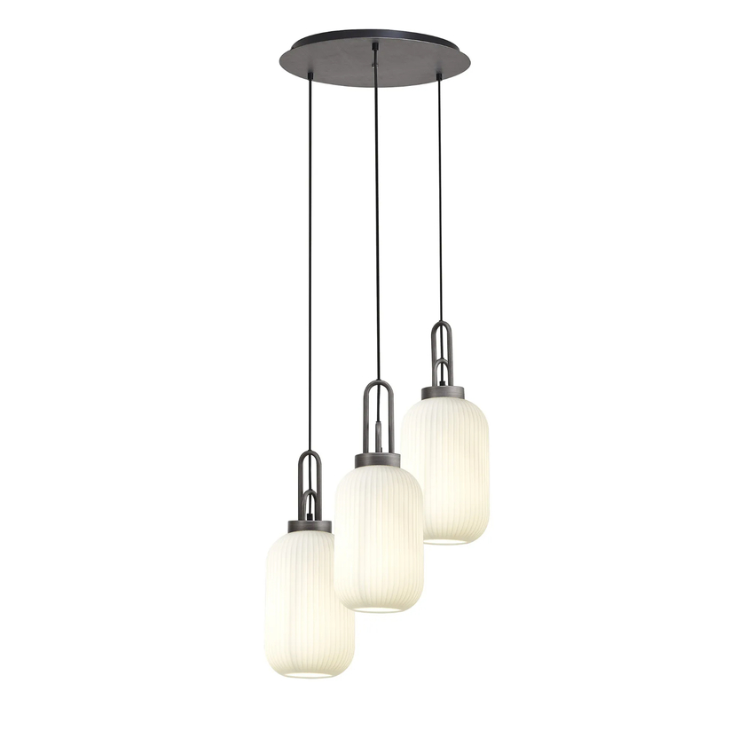 Photograph: Idolite Camille Round 3 Light Pendant With 20cm Tubular Ribbed Glass, Aged Pewter/Matt Black Opal