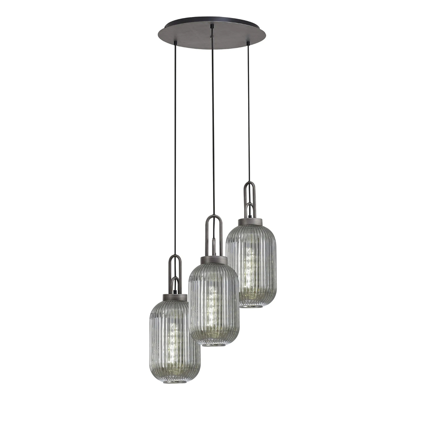 Photograph: Idolite Camille Round 3 Light Pendant With 20cm Tubular Ribbed Glass, Aged Pewter/Matt Black Smoked