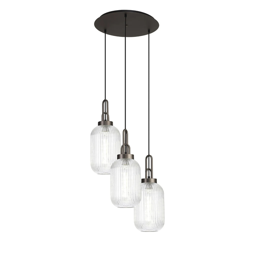 Photograph: Idolite Camille Round 3 Light Pendant With 20cm Tubular Ribbed Glass, Antique Silver/Matt Black Clear