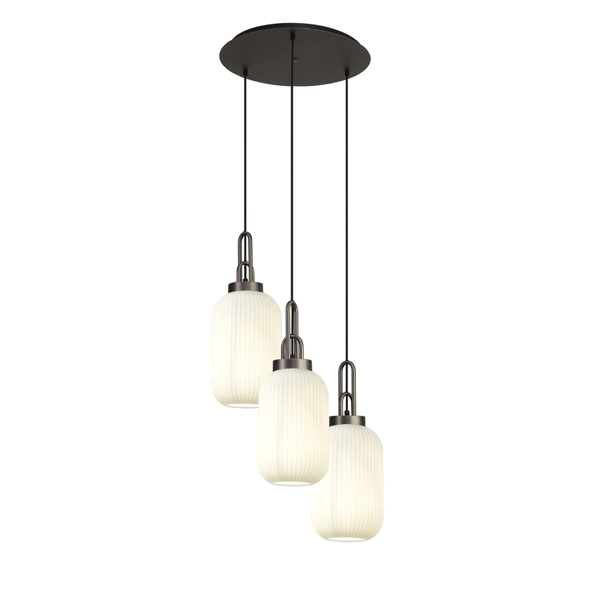 Photograph: Idolite Camille Round 3 Light Pendant With 20cm Tubular Ribbed Glass, Antique Silver/Matt Black Opal