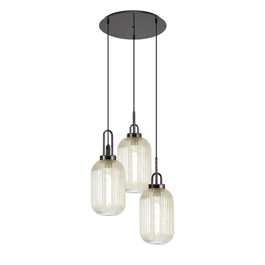 Photograph: Idolite Camille Round 3 Light Pendant With 20cm Tubular Ribbed Glass, Black Chrome/Matt Black Champagne