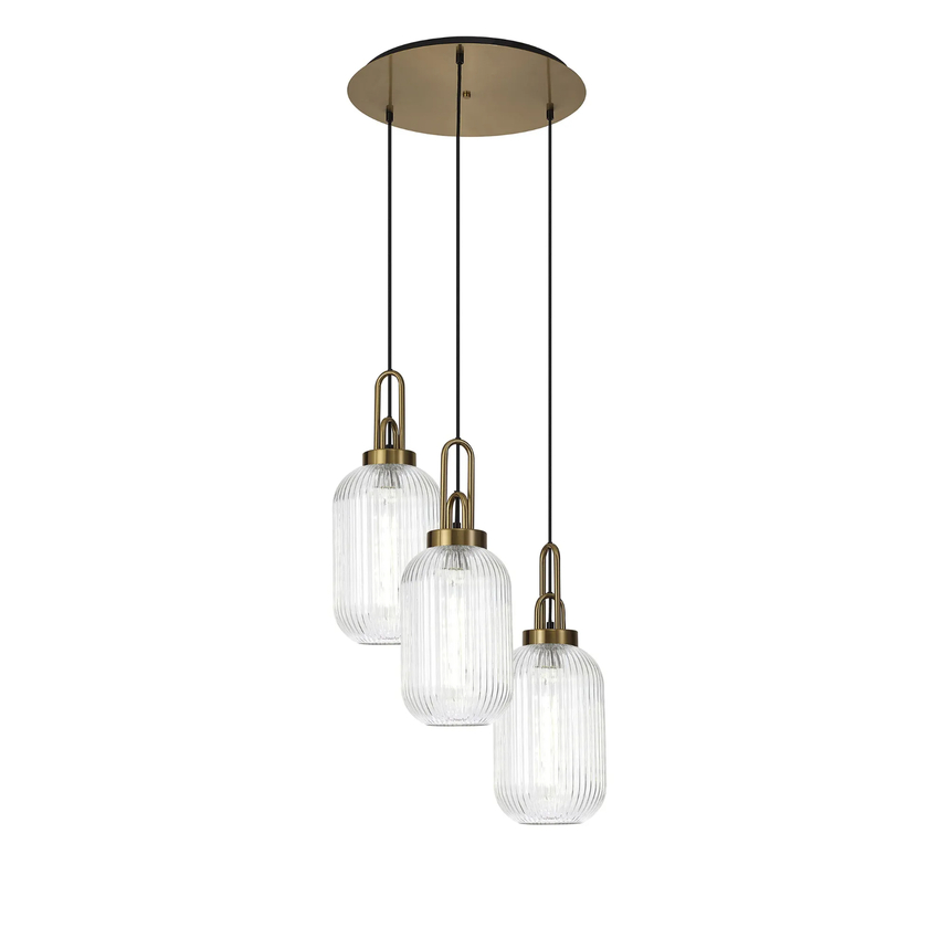 Photograph: Idolite Camille Round 3 Light Pendant With 20cm Tubular Ribbed Glass, Brass Gold/Matt Black Clear