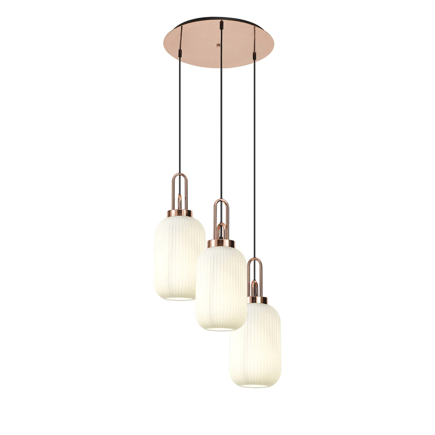 Photograph: Idolite Camille Round 3 Light Pendant With 20cm Tubular Ribbed Glass, Copper/Matt Black Opal