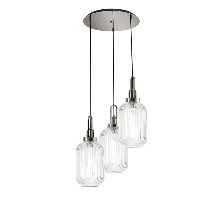 Photograph: Idolite Camille Round 3 Light Pendant With 20cm Tubular Ribbed Glass, Polished Nickel/Matt Black Clear