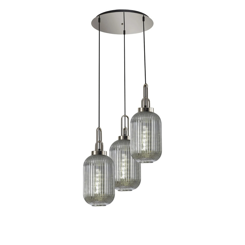 Photograph: Idolite Camille Round 3 Light Pendant With 20cm Tubular Ribbed Glass, Polished Nickel/Matt Black Smoked