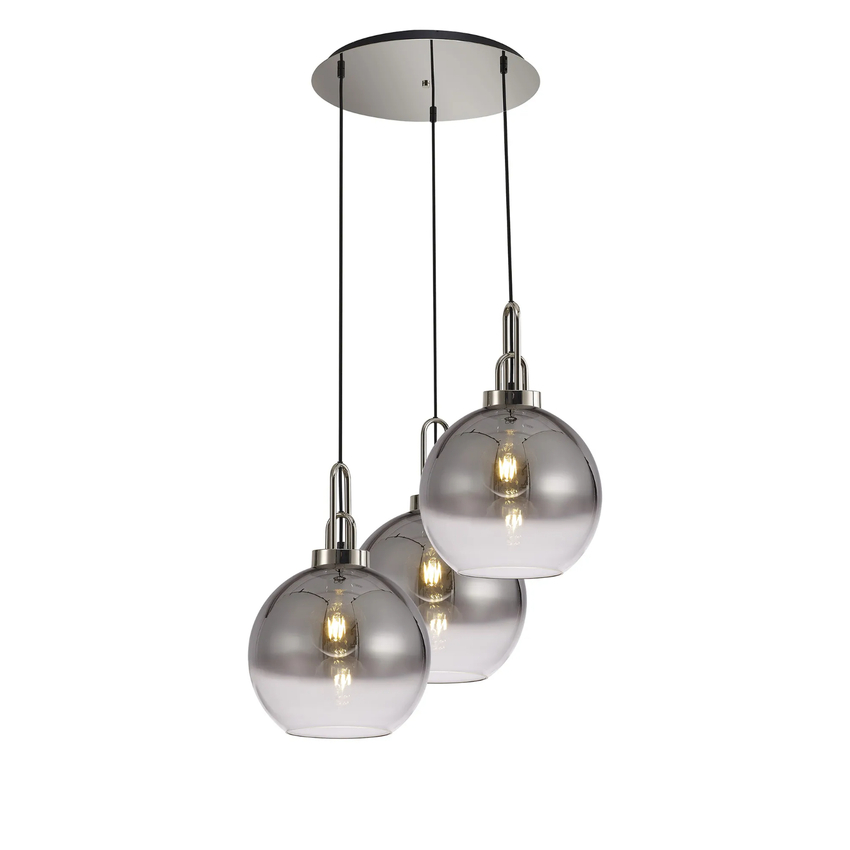 Photograph: Idolite Camille Round 3 Light Pendant With 30cm Globe Glass, Polished Nickel/Matt Black Smoked/Clear