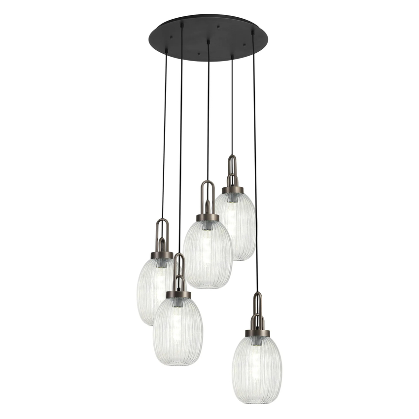 Photograph: Idolite Camille Round 5 Light Pendant With 20cm Almond Ribbed Glass, Antique Silver/Matt Black Clear