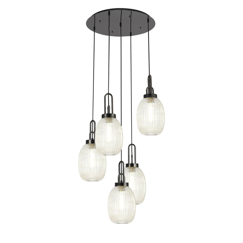 Photograph: Idolite Camille Round 5 Light Pendant With 20cm Almond Ribbed Glass, Black Chrome/Matt Black Champagne