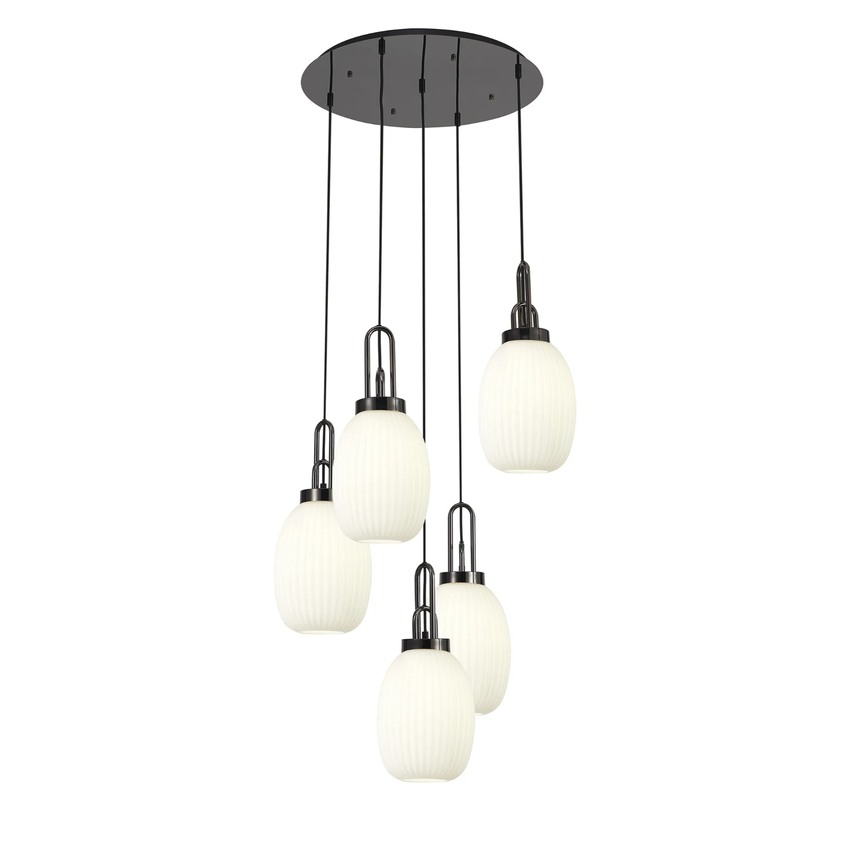 Photograph: Idolite Camille Round 5 Light Pendant With 20cm Almond Ribbed Glass, Black Chrome/Matt Black Opal