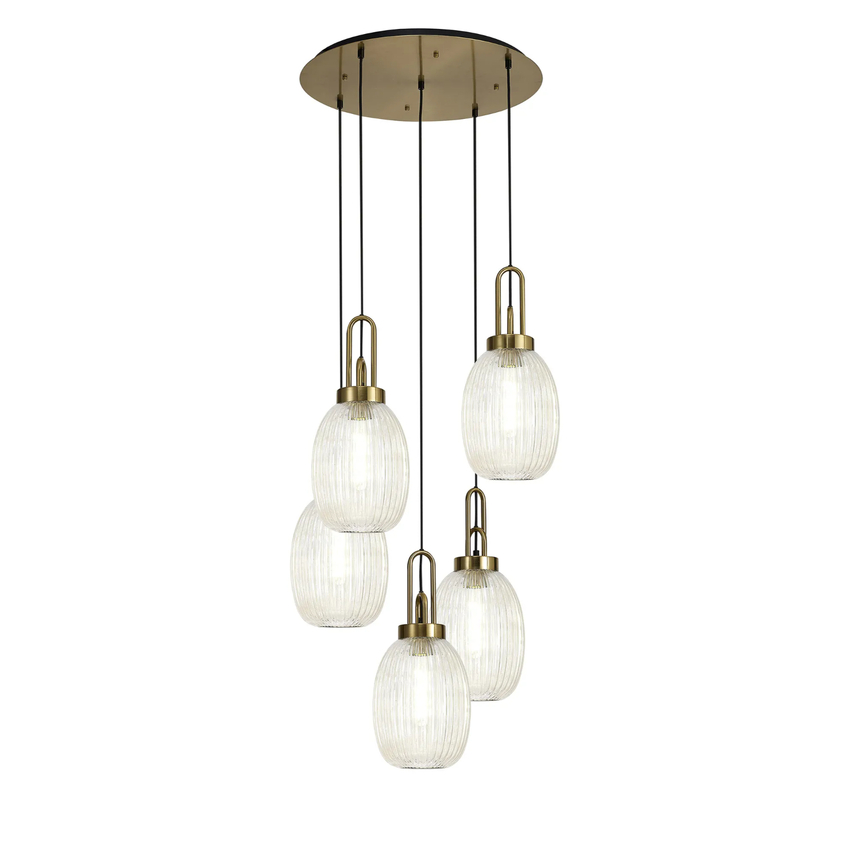 Photograph: Idolite Camille Round 5 Light Pendant With 20cm Almond Ribbed Glass, Brass Gold/Matt Black Champagne