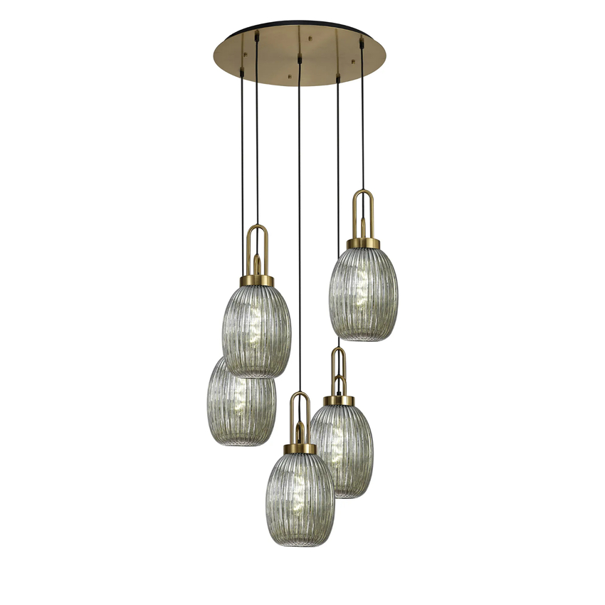 Photograph: Idolite Camille Round 5 Light Pendant With 20cm Almond Ribbed Glass, Brass Gold/Matt Black Smoked