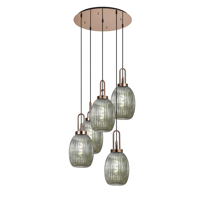 Photograph: Idolite Camille Round 5 Light Pendant With 20cm Almond Ribbed Glass, Copper/Matt Black Smoked