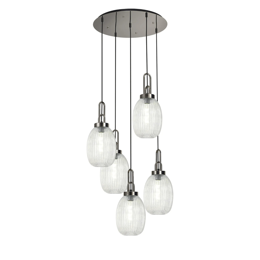 Photograph: Idolite Camille Round 5 Light Pendant With 20cm Almond Ribbed Glass, Polished Nickel/Matt Black Clear