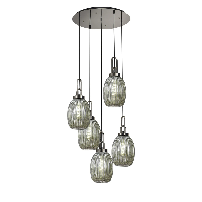 Photograph: Idolite Camille Round 5 Light Pendant With 20cm Almond Ribbed Glass, Polished Nickel/Matt Black Smoked