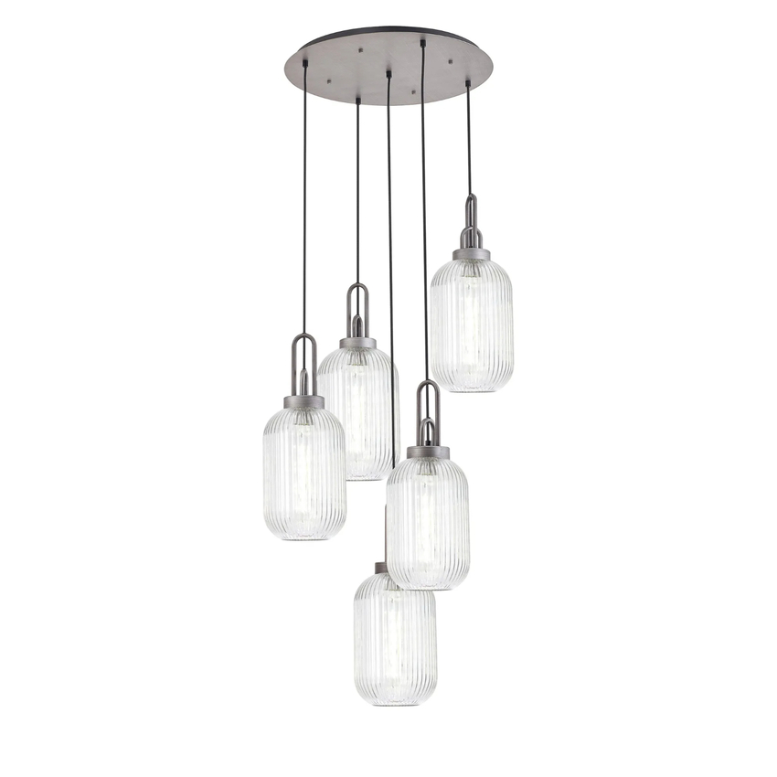 Photograph: Idolite Camille Round 5 Light Pendant With 20cm Tubular Ribbed Glass, Aged Pewter/Matt Black Clear