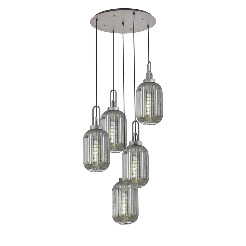 Photograph: Idolite Camille Round 5 Light Pendant With 20cm Tubular Ribbed Glass, Aged Pewter/Matt Black Smoked