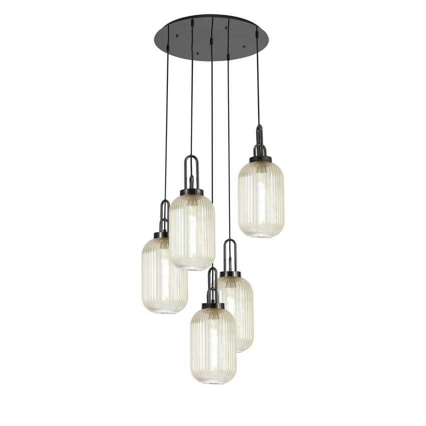 Photograph: Idolite Camille Round 5 Light Pendant With 20cm Tubular Ribbed Glass, Black Chrome/Matt Black Champagne