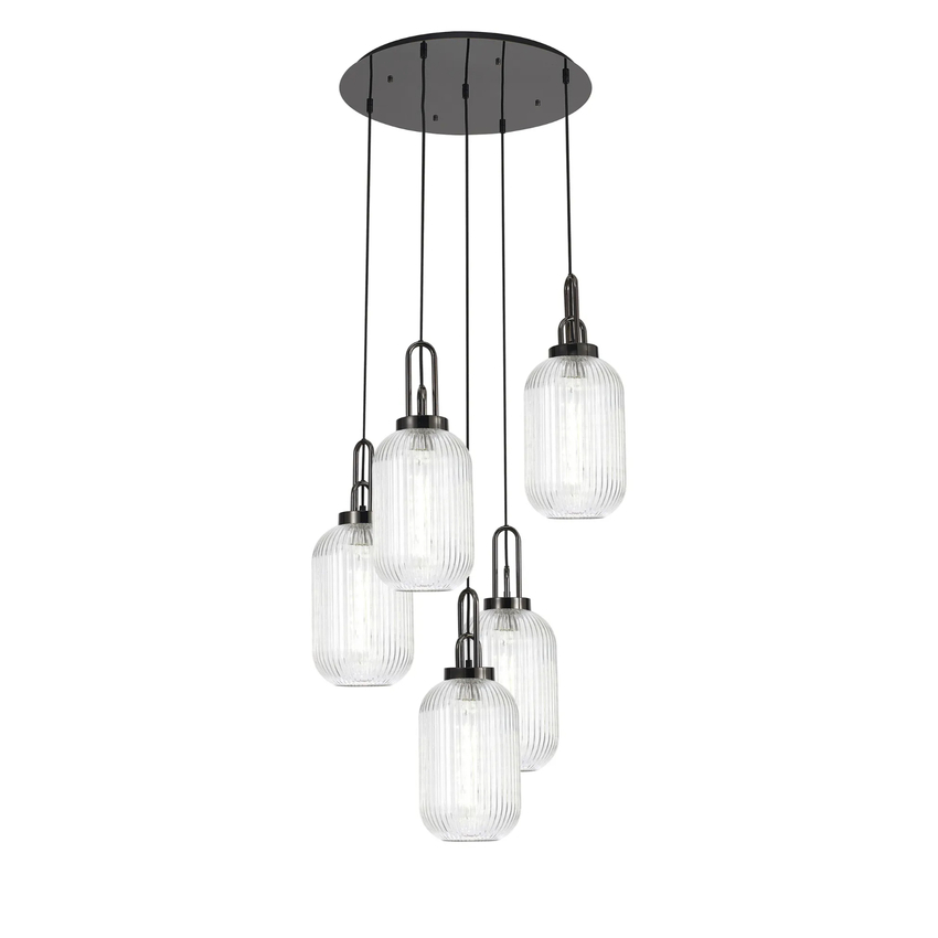 Photograph: Idolite Camille Round 5 Light Pendant With 20cm Tubular Ribbed Glass, Black Chrome/Matt Black Clear